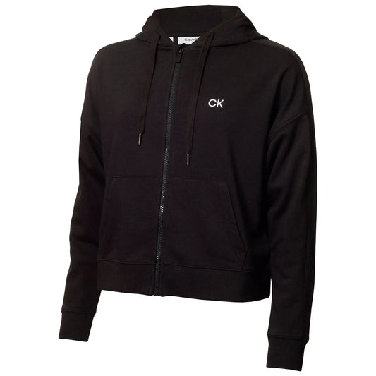 A black zip-up hoodie with a logo on the chest is displayed prominently. It features a hood and two front pockets, designed for casual wear in a relaxed setting.