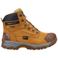 A sturdy brown safety boot stands upright showcasing its reinforced toe and ankle support with metallic eyelets and a rugged sole designed for traction on various terrains.