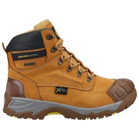 A sturdy brown safety boot stands upright showcasing its reinforced toe and ankle support with metallic eyelets and a rugged sole designed for traction on various terrains.