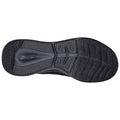 A shoe sole displays a textured black rubber surface designed for traction and comfort with a small logo visible in the center among various grooves and patterns.
