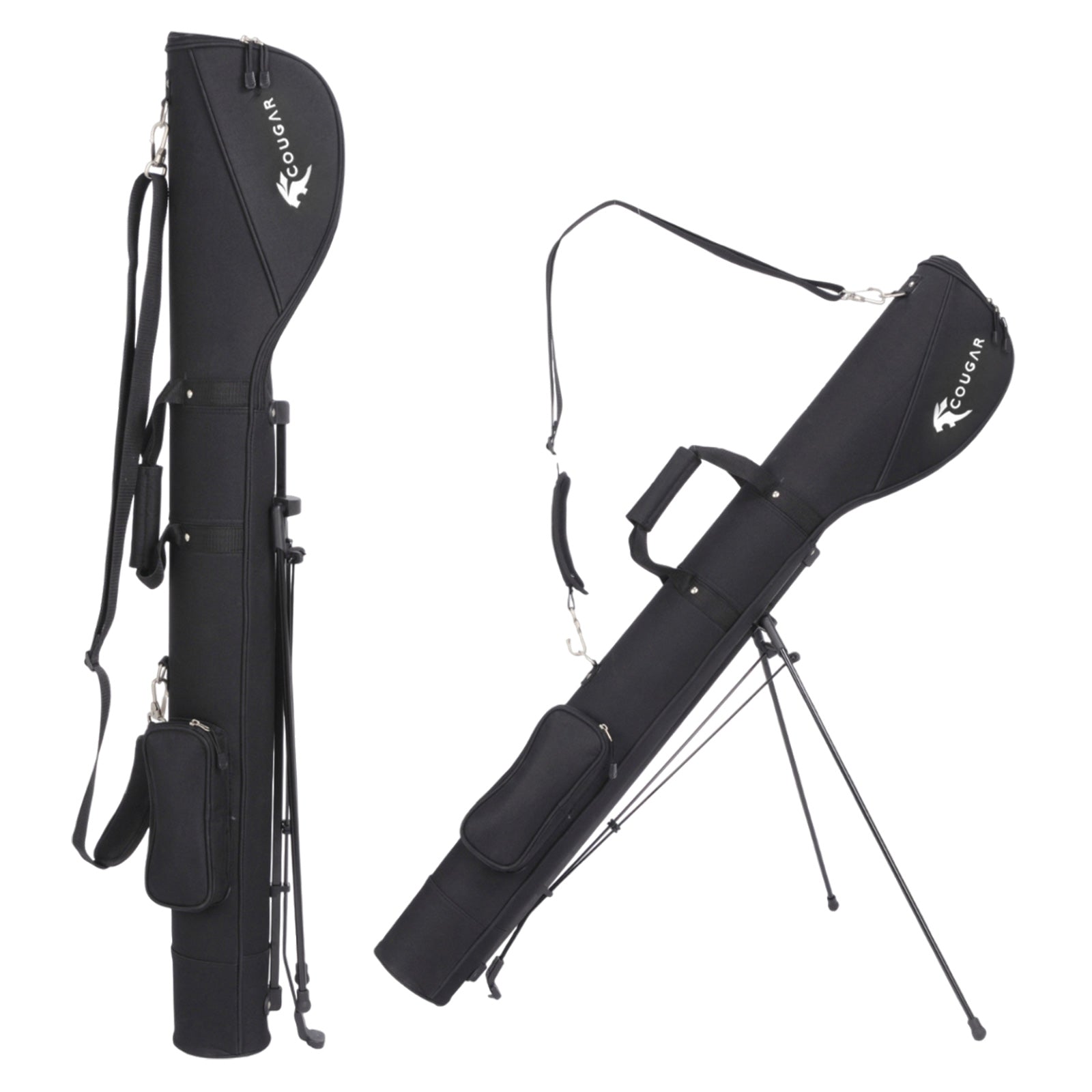 A black golf bag stands upright on tripod legs featuring dual straps for carrying and a side pocket for accessories showcasing the brand logo along the side.