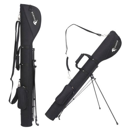 A black golf bag stands upright on tripod legs featuring dual straps for carrying and a side pocket for accessories showcasing the brand logo along the side.