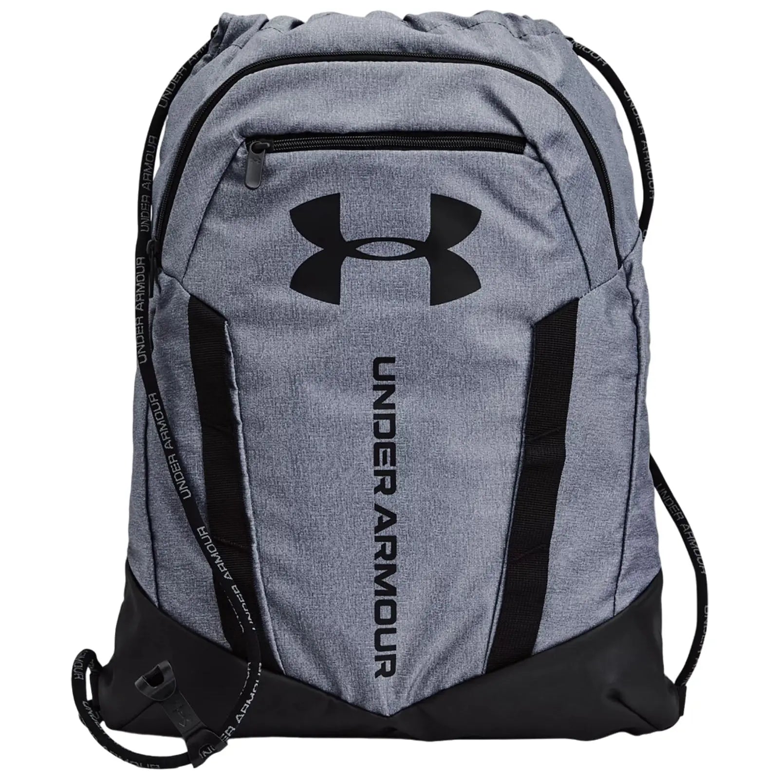 A gray drawstring backpack with black accents features the Under Armour logo prominently displayed. It is designed for carrying personal items or sports equipment and appears sturdy and functional.