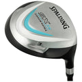 A golf club with a silver and black head is positioned at an angle showcasing its polished surface and markings. It features the brand Spalding and model SX35 along with a titanium matrix label.