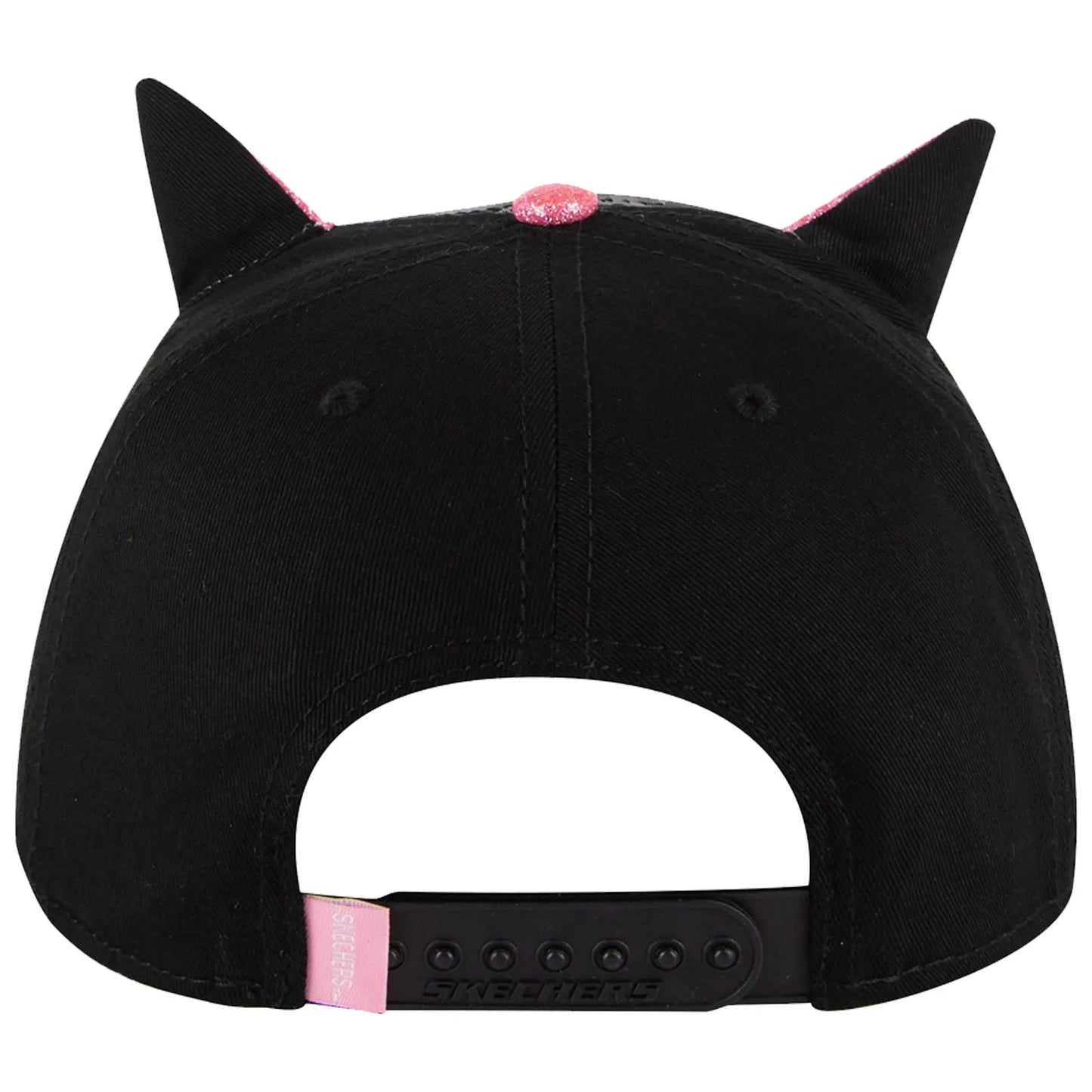 A black cap with cat-like ears and a pink glittery accent on top sits upright showcasing its playful design and branded label at the back.