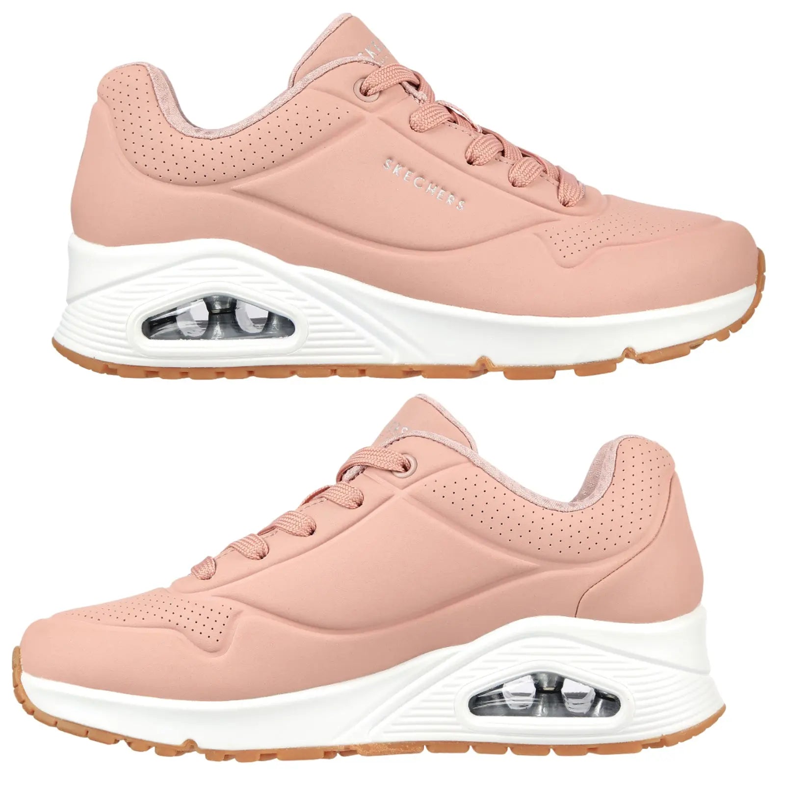 Pink athletic shoes with a cushioned sole are positioned to showcase different angles. They feature a smooth finish, perforated sections, and prominent branding on the side.
