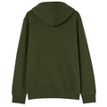 A dark green hoodie is displayed flat with the back visible showcasing a hood and long sleeves in a plain design against a neutral background.