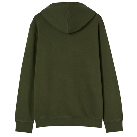A dark green hoodie is displayed flat with the back visible showcasing a hood and long sleeves in a plain design against a neutral background.