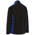 A jacket is displayed featuring a black body with blue accents on the shoulders and sides it has a high collar and long sleeves with side pockets visible