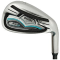 A golf club with a shiny steel head and a black and teal design sits upright against a plain background highlighting its curved blade and brand name Spalding along with the model SX35.