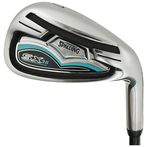 A golf club with a shiny steel head and a black and teal design sits upright against a plain background highlighting its curved blade and brand name Spalding along with the model SX35.