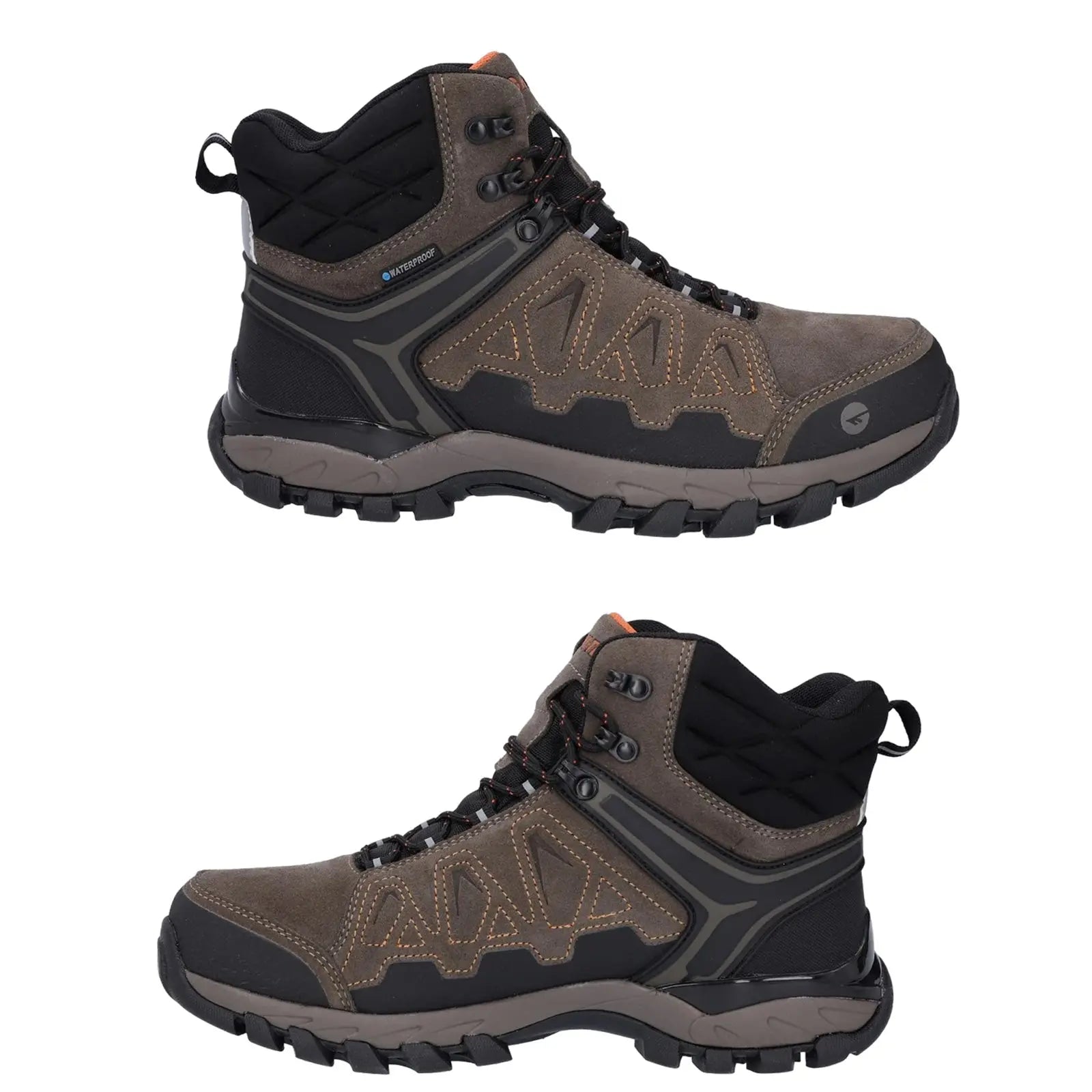 Brown hiking boots with textured patterns and black accents are displayed side by side showing their high-top design and rugged soles suggesting durability for outdoor activities.