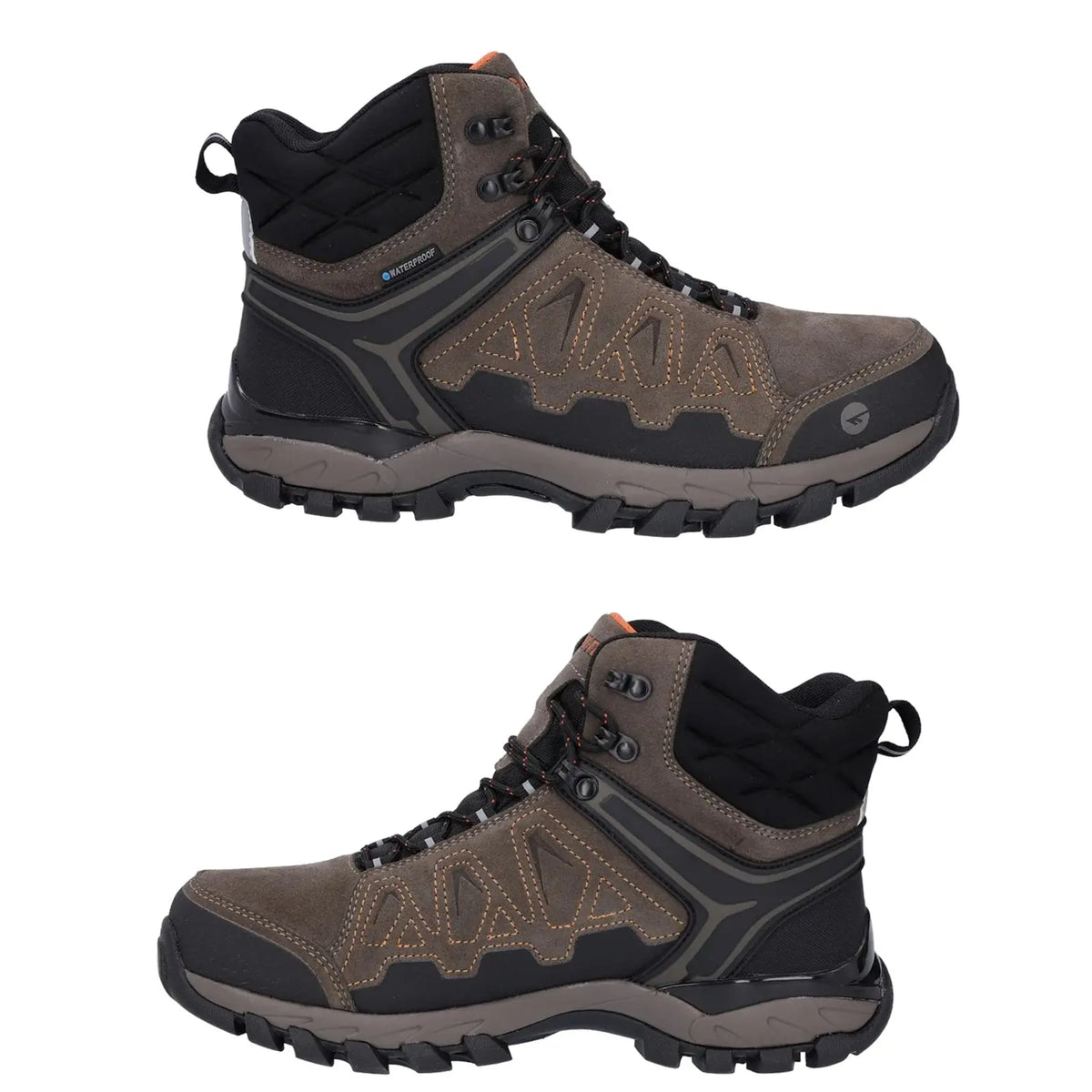 Brown hiking boots with textured patterns and black accents are displayed side by side showing their high-top design and rugged soles suggesting durability for outdoor activities.