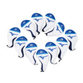Ten golf club headcovers arranged in a circular pattern are displayed against a white background featuring a blue and white color scheme with numbers indicating the club types.