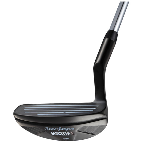 A golf club is displayed in a close-up view highlighting its black face with grooves and silver shaft showcasing sleek design and branding indicating it is a MacGregor Mactec model