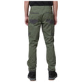A person stands wearing olive green pants with multiple pockets and contrasting gray patches at the back. They are positioned with their back facing the viewer and wearing black footwear.