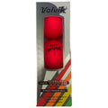 Red golf balls are displayed in a clear box with a colorful design the balls are labeled as Volvik Vivid and highlighted as a 3-piece premium ball with instructions on performance and color options.