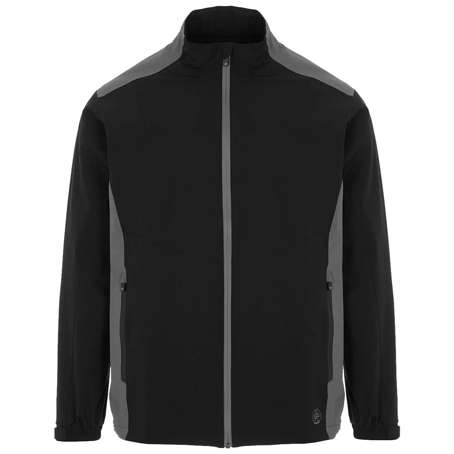 A black jacket is front-facing with gray accents and a zip closure its sleeves are long and tapered the background is plain white emphasizing the jacket's design and colors
