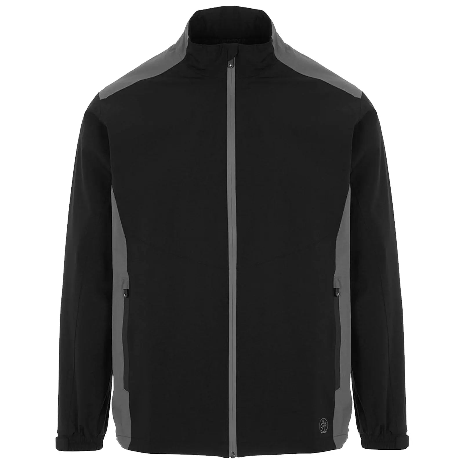 A black jacket is front-facing with gray accents and a zip closure its sleeves are long and tapered the background is plain white emphasizing the jacket's design and colors