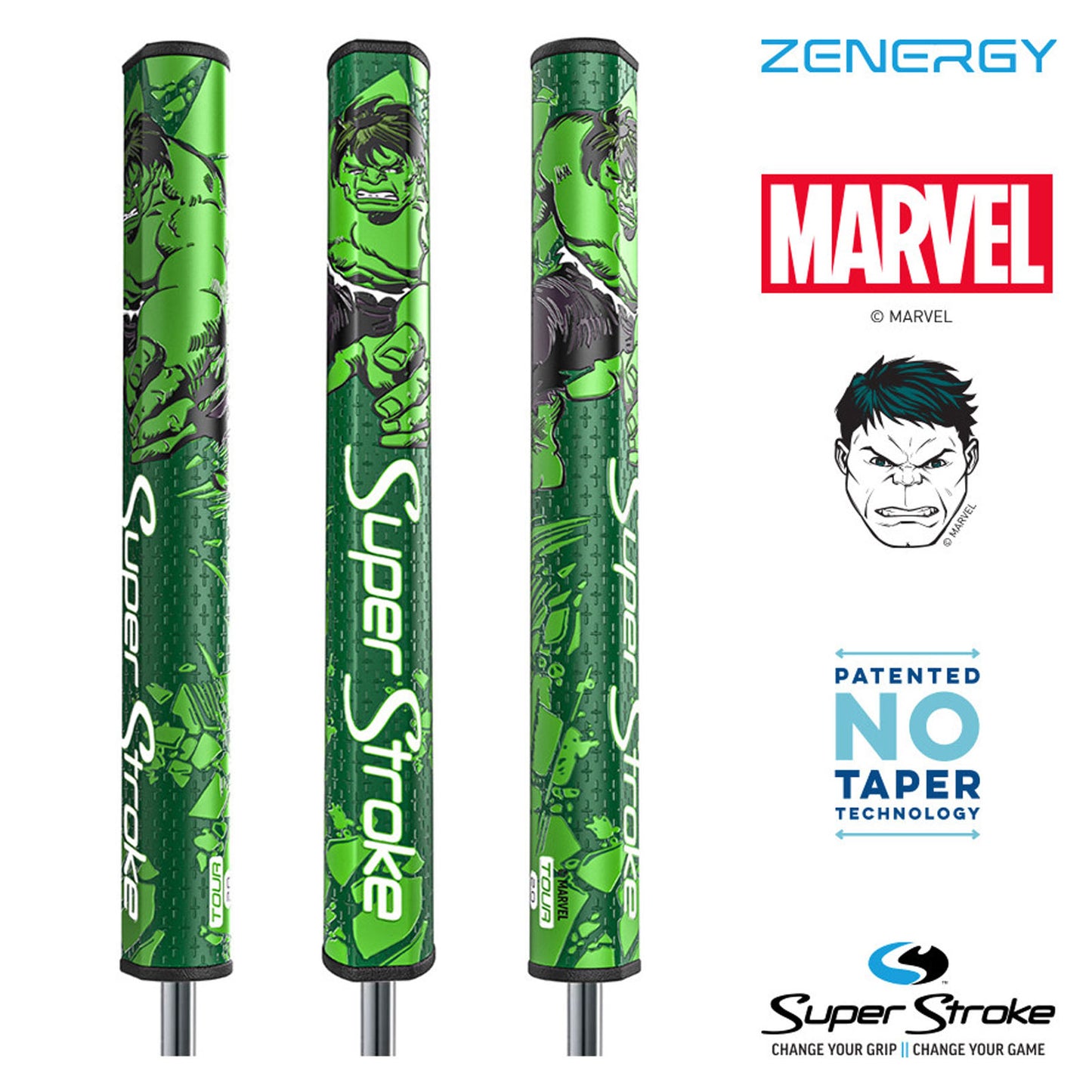 Three golf club grips are displayed, featuring a vibrant green design with comic-style artwork of a muscular character. Branding includes SuperStroke and Marvel, showcasing patented no taper technology.