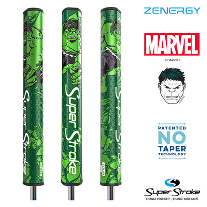 Three golf club grips are displayed, featuring a vibrant green design with comic-style artwork of a muscular character. Branding includes SuperStroke and Marvel, showcasing patented no taper technology.