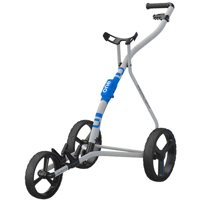 A golf push cart features three wheels and a sturdy frame designed for transporting golf bags on the course with a handle for steering and control in outdoor golfing environments.