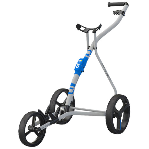 A golf push cart features three wheels and a sturdy frame designed for transporting golf bags on the course with a handle for steering and control in outdoor golfing environments.