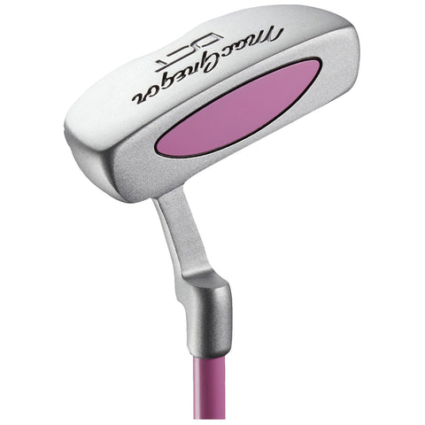 A golf putter featuring a silver head with a pink insert attached to a pink shaft is positioned at an angle against a neutral background.