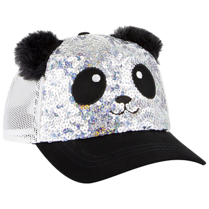 A sparkly silver baseball cap featuring a panda face design with large black eyes and fuzzy black ears sits against a plain white background. The cap has a black visor.