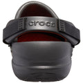 A black Crocs shoe is positioned upright showing the back view the shoe features a stretchy black strap and a textured rubber surface with a red interior.