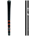 A black golf club grip featuring textured patterns for better hold with orange accents and light blue detailing displaying branding and product information against a plain background.