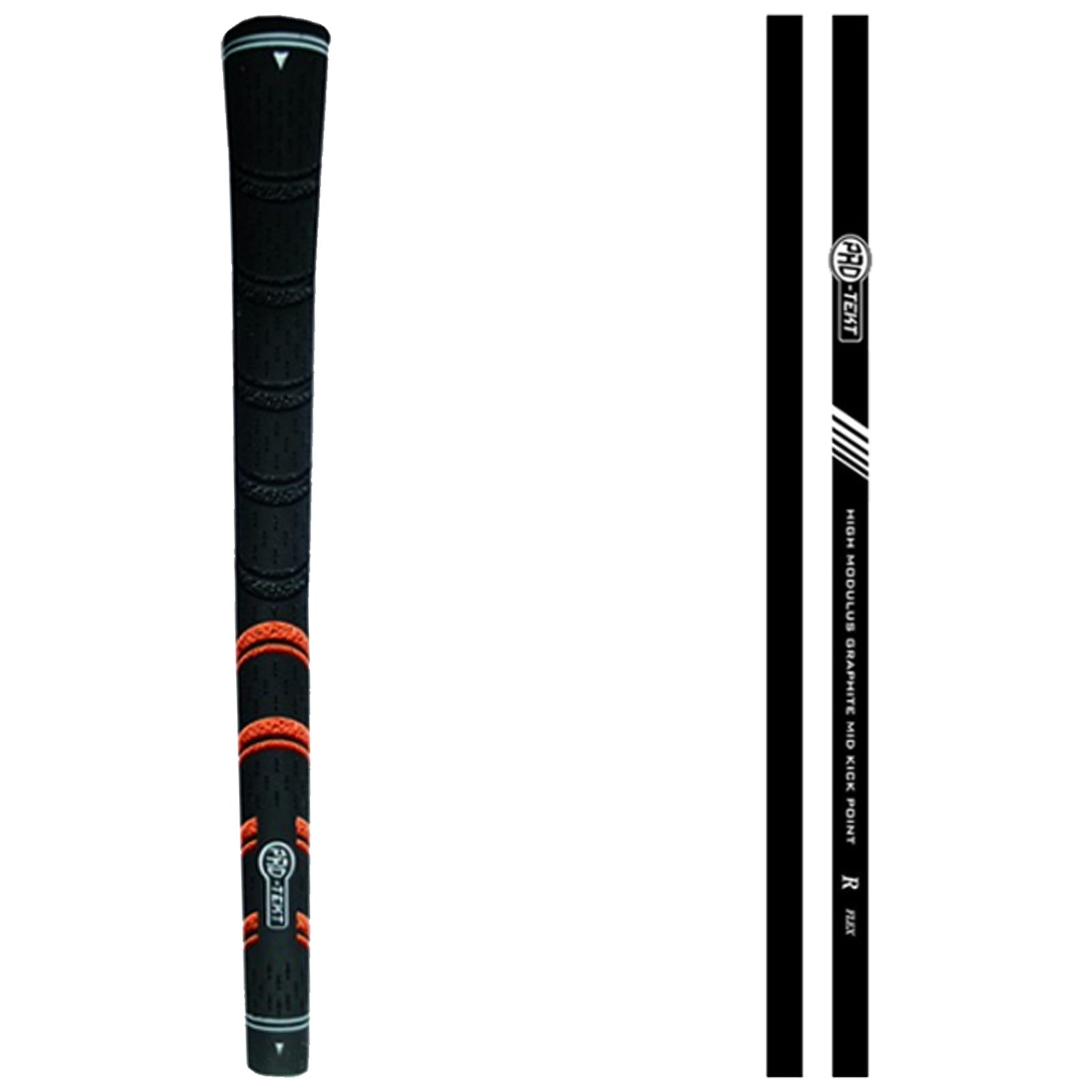 A black golf club grip featuring textured patterns for better hold with orange accents and light blue detailing displaying branding and product information against a plain background.