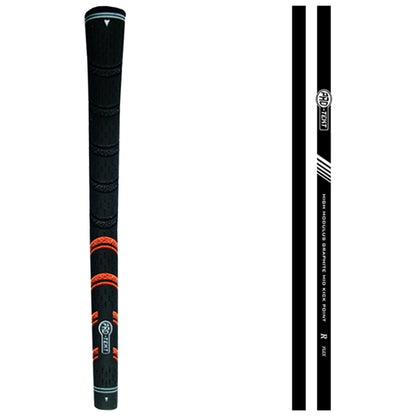 A black golf club grip featuring textured patterns for better hold with orange accents and light blue detailing displaying branding and product information against a plain background.