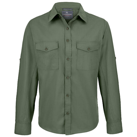 A long-sleeved green shirt with a button-down front features two chest pockets and buttoned cuffs designed for outdoor use in casual or practical settings.