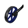 A black and blue wheel with a distinct five-spoke design is positioned at an angle showcasing its rubber tread and axle assembly in a minimalistic background.