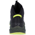 A black running shoe with a textured upper and yellow accents is displayed from the back showing the pull tab and supportive heel structure against a white background.