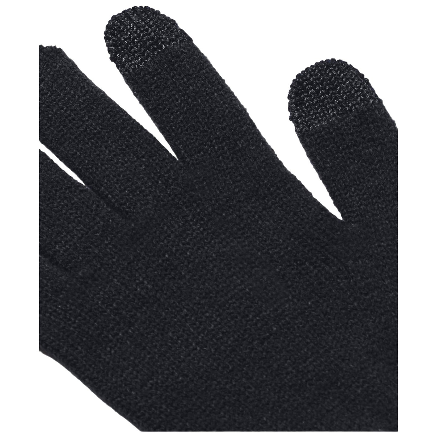 A black glove is displayed with fingers slightly spread showing the fabric texture and detailing on the fingertips indicating potential touchscreen compatibility in a neutral background.