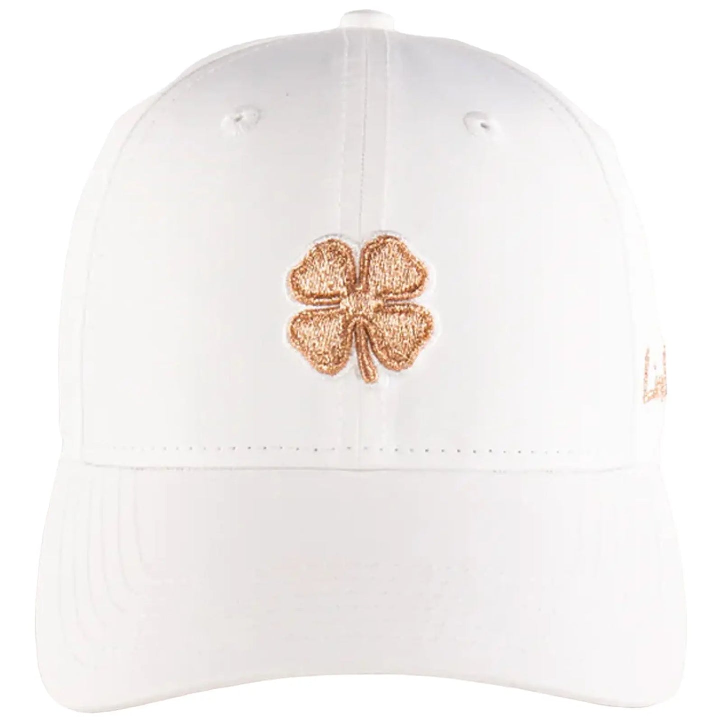 A white baseball cap features a rose gold embroidered four-leaf clover on the front showcasing a casual accessory for outdoor wear or sun protection.