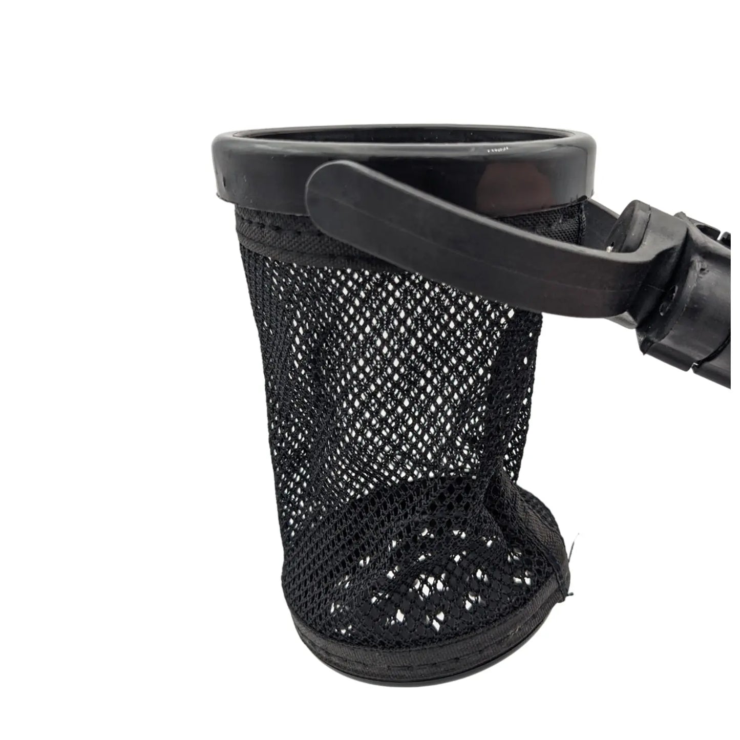 A black mesh net basket is shown attached to a circular rim with a handle, designed for collecting debris or small items in a water or outdoor environment.