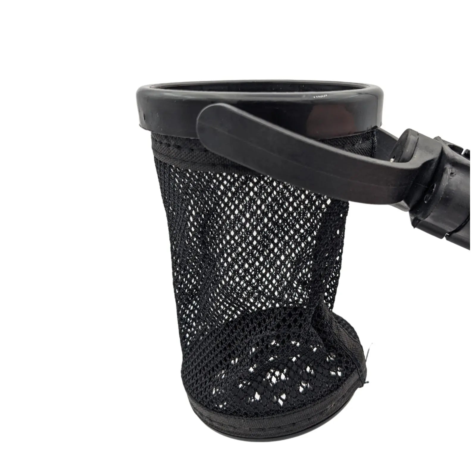 A black mesh net basket is shown attached to a circular rim with a handle, designed for collecting debris or small items in a water or outdoor environment.