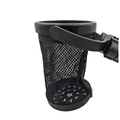 A black mesh net basket is shown attached to a circular rim with a handle, designed for collecting debris or small items in a water or outdoor environment.