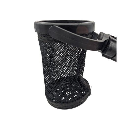 A black mesh net basket is shown attached to a circular rim with a handle, designed for collecting debris or small items in a water or outdoor environment.