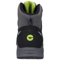 A high-top boot with a black base and gray upper is presented upright showcasing a bright green accent at the back along with a textured collar for comfort.