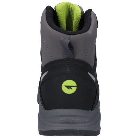 A high-top boot with a black base and gray upper is presented upright showcasing a bright green accent at the back along with a textured collar for comfort.