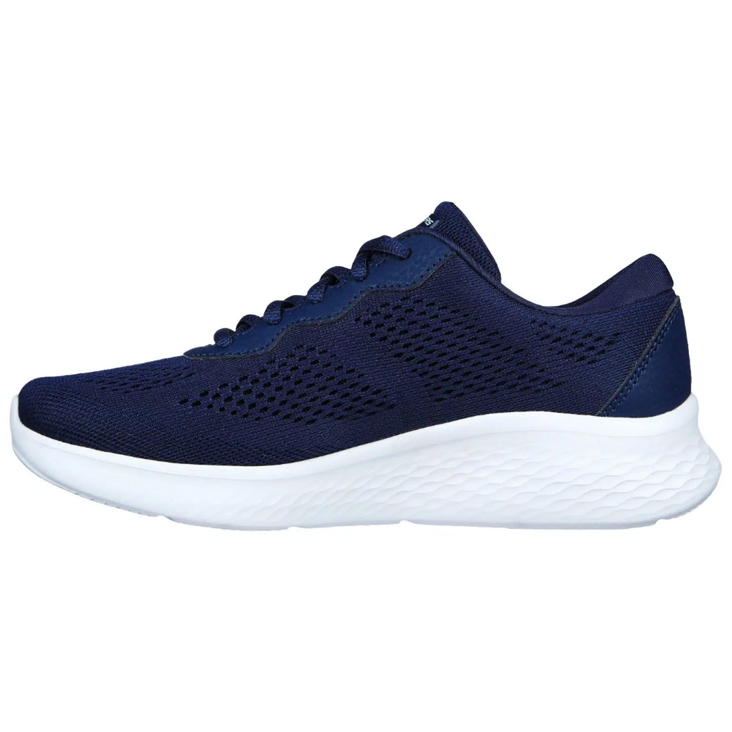 A navy blue athletic shoe is displayed sideways showcasing its mesh upper and padded collar the lightweight sole features a textured pattern suitable for running or casual wear.