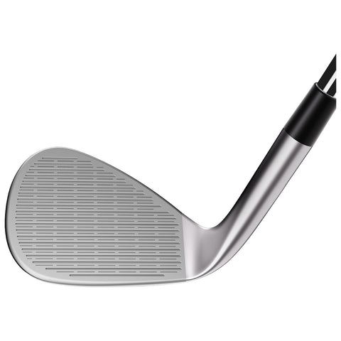 A golf club head with a shiny silver finish features a grooved striking face designed for precision. It is positioned for potential use on a golf course or practice area.