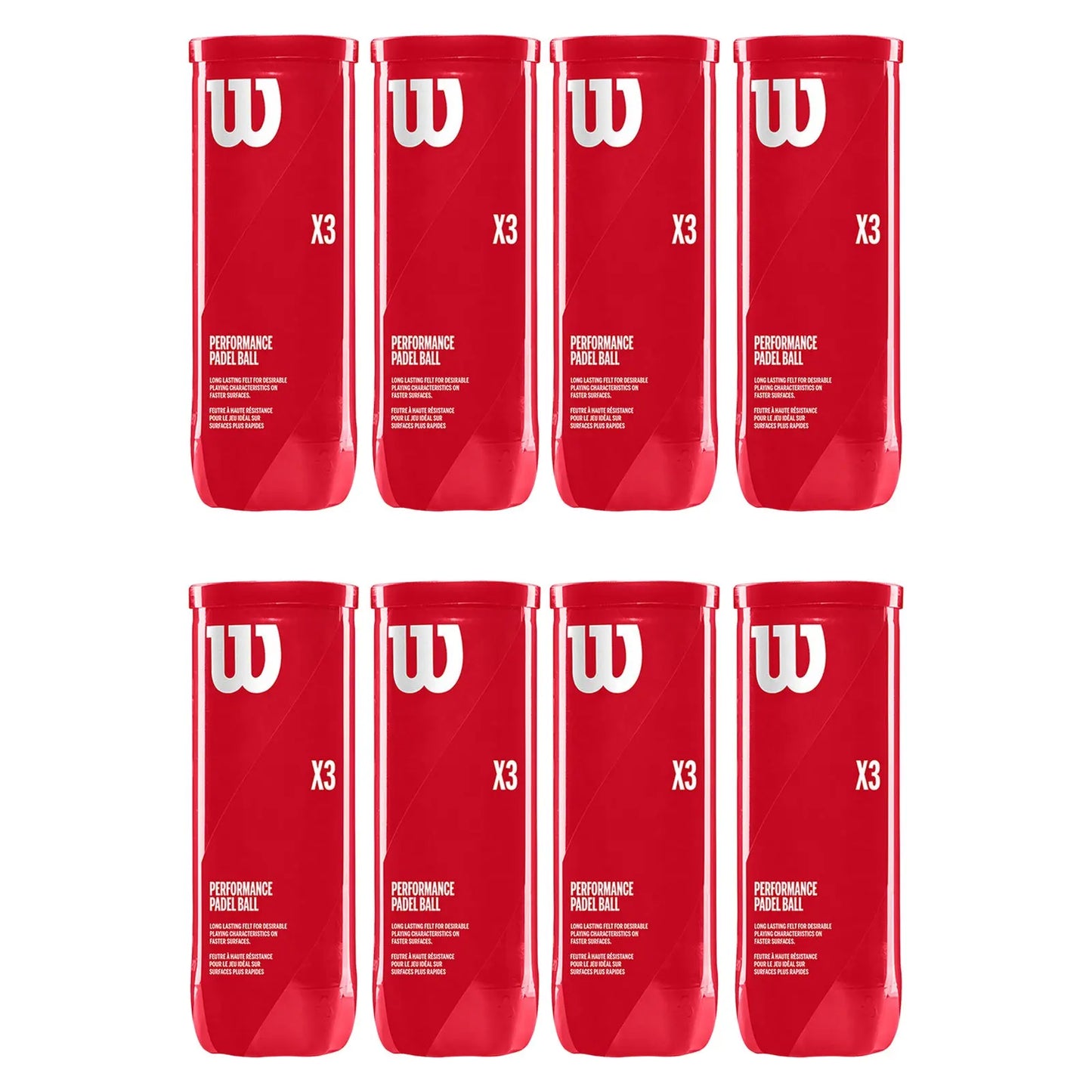 Red containers branded with a white logo display "X3 PERFORMANCE PADEL BALL" stacked in two rows of four, illustrating a product designed for padel sports.