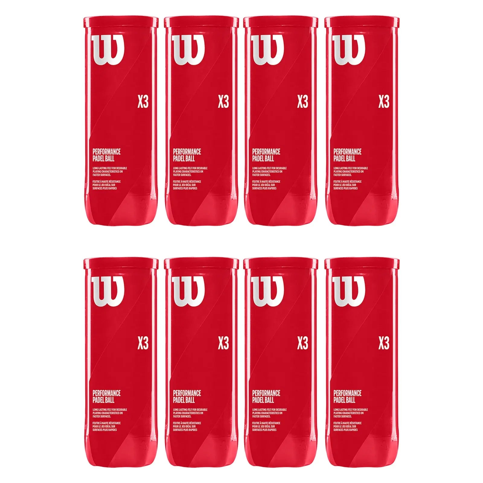 Red containers branded with a white logo display "X3 PERFORMANCE PADEL BALL" stacked in two rows of four, illustrating a product designed for padel sports.