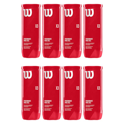 Red containers branded with a white logo display "X3 PERFORMANCE PADEL BALL" stacked in two rows of four, illustrating a product designed for padel sports.