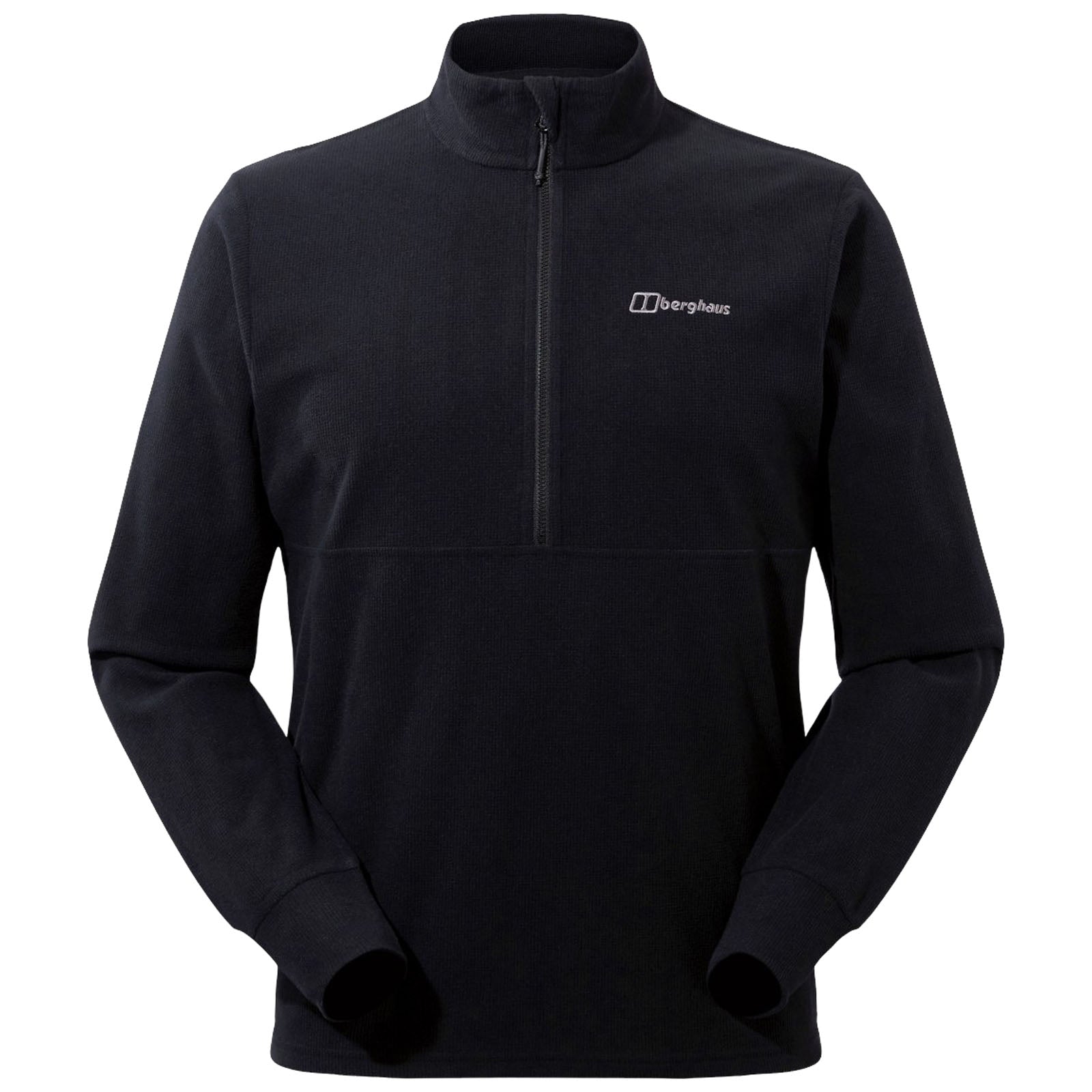 A black fleece pullover is displayed with a half-zip collar featuring long sleeves and a logo on the chest suggesting it is designed for outdoor activities or casual wear.